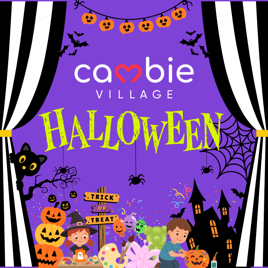 Cambie Village Halloween Haunt poster with pumpkins, bats and a haunted house.