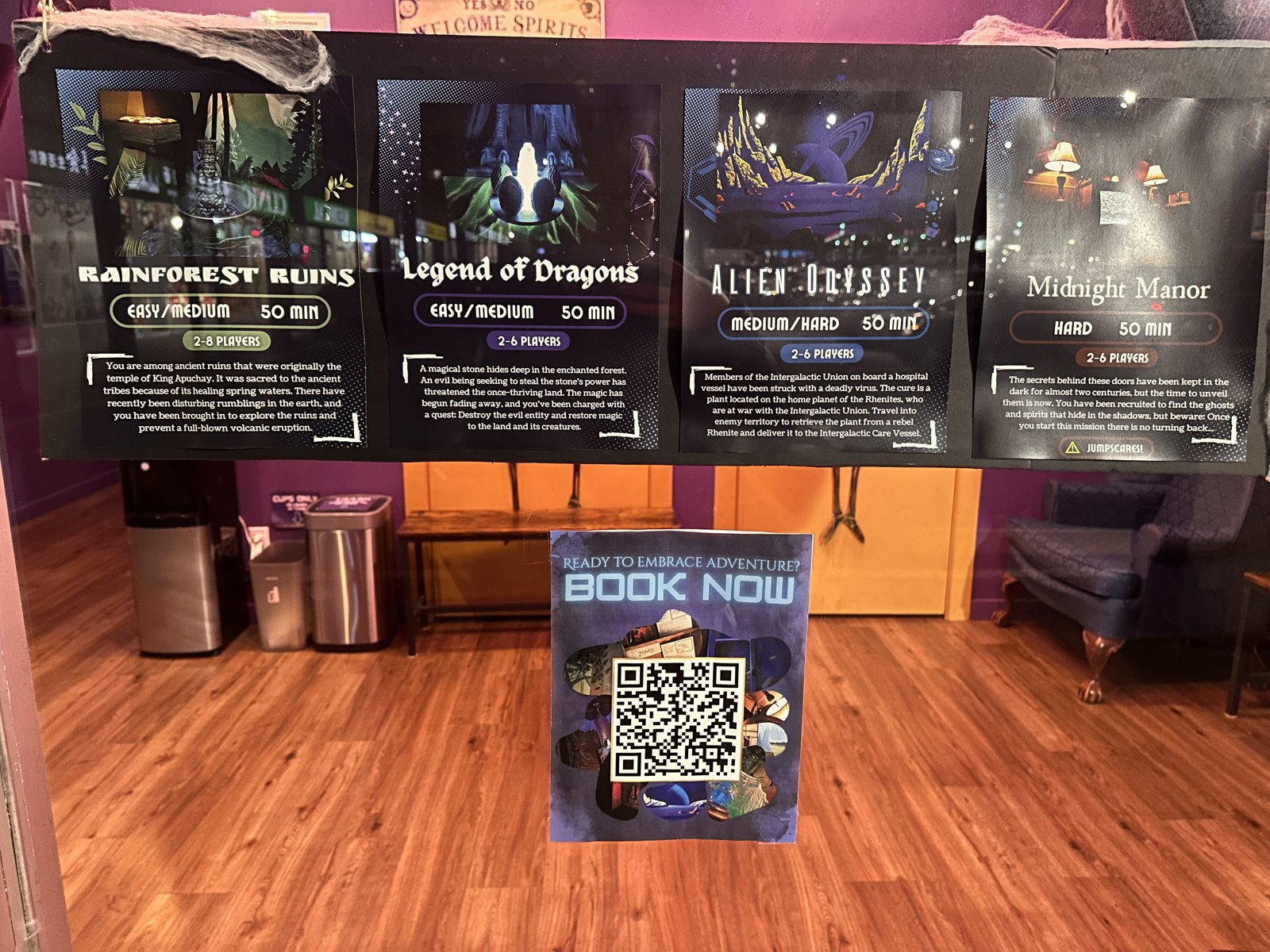 Posters for the four escape rooms at Bamboozled Escape Games