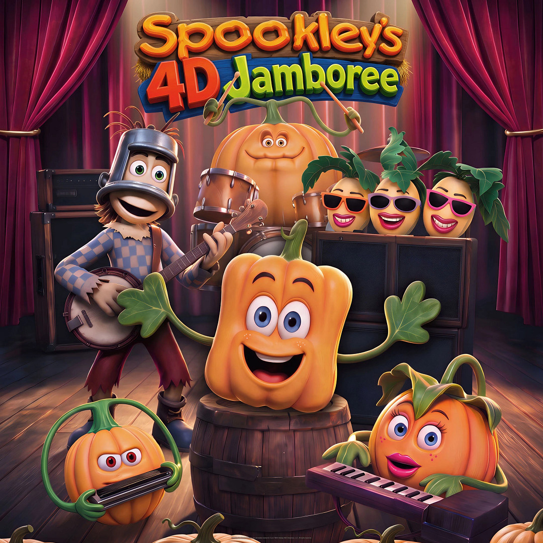 Spookley 4D Jamboree marquee art with Spookley the Square Pumpkin and band characters