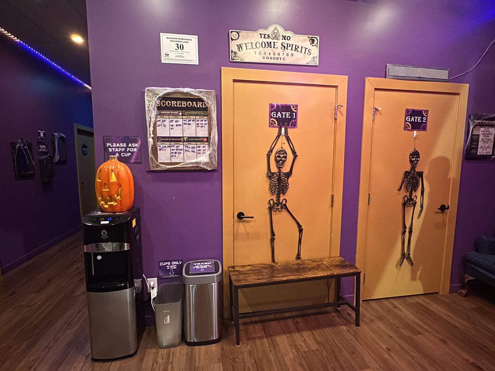 Lobby at Bamboozled Escape Games with the Gate 1 and Gate 2 doors