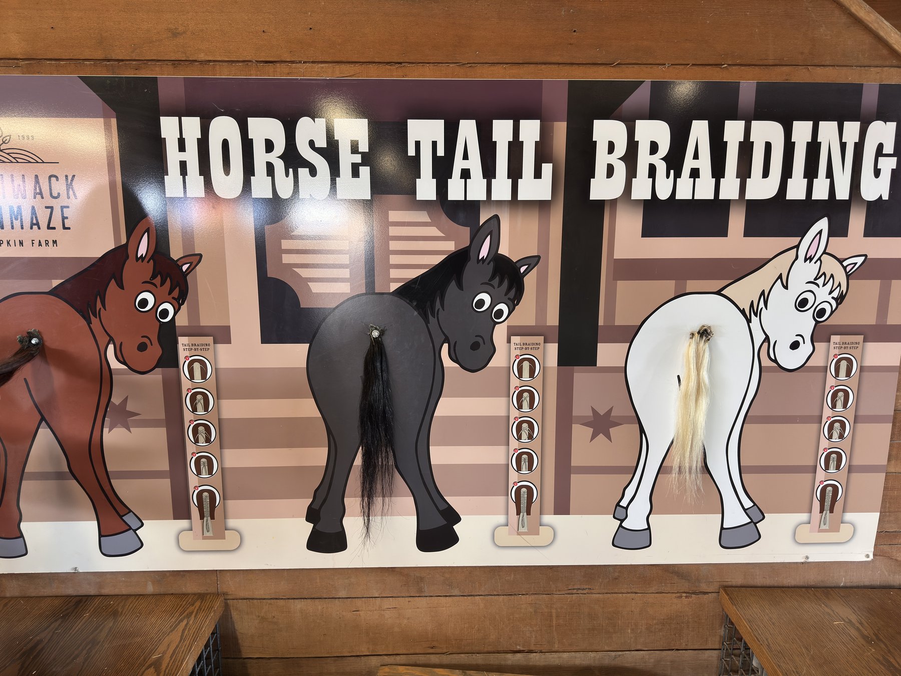 Wall display of three cartoon horses with real-hair tails for braiding