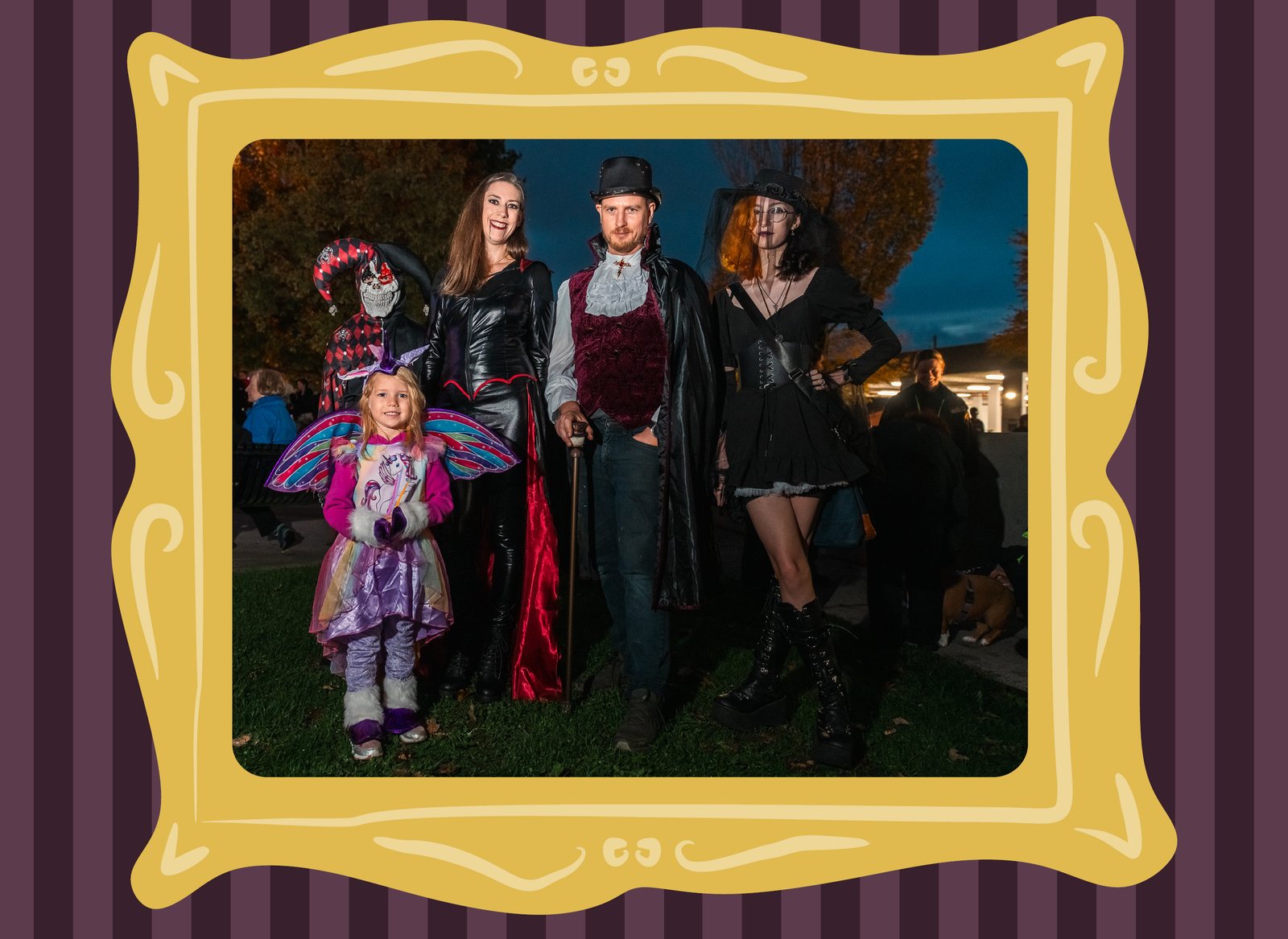Family group in Halloween costumes at Celebrate the Night, Maple Ridge