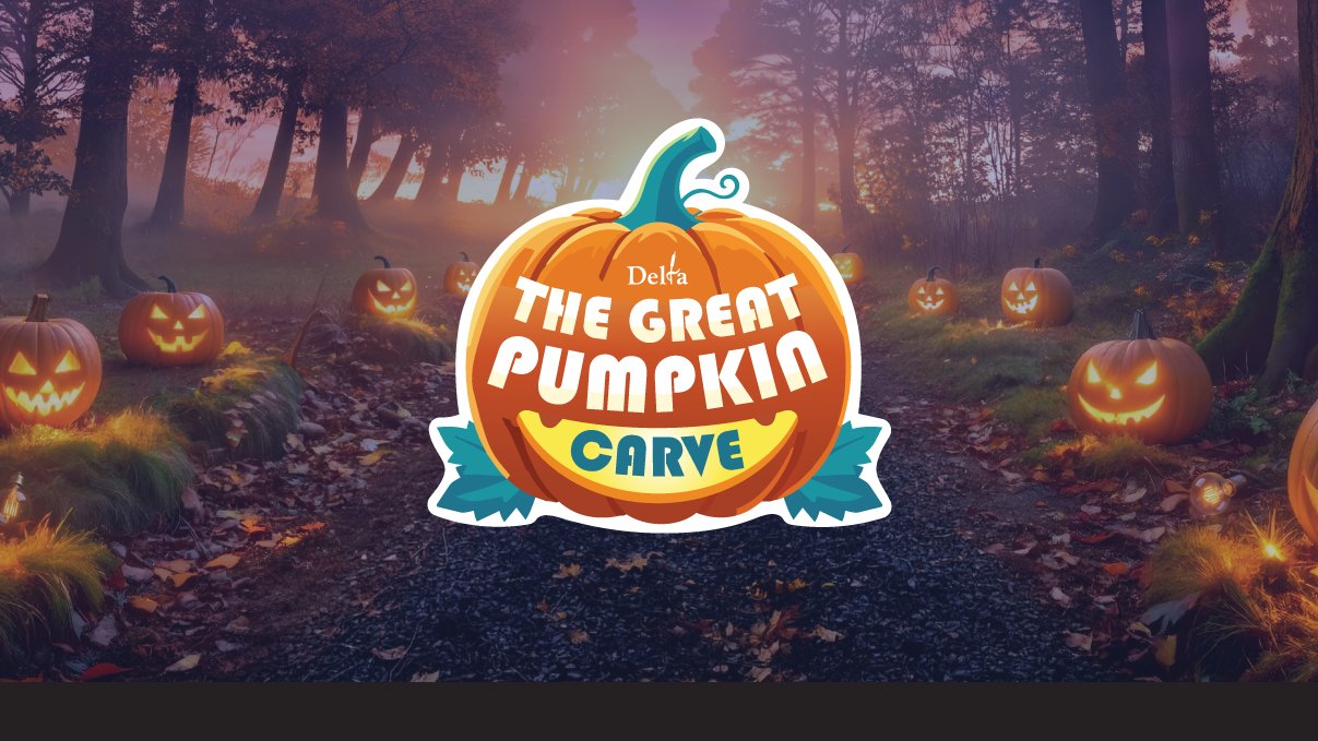The Great Pumpkin Carve Delta logo over a path lined with glowing jack-o'-lanterns