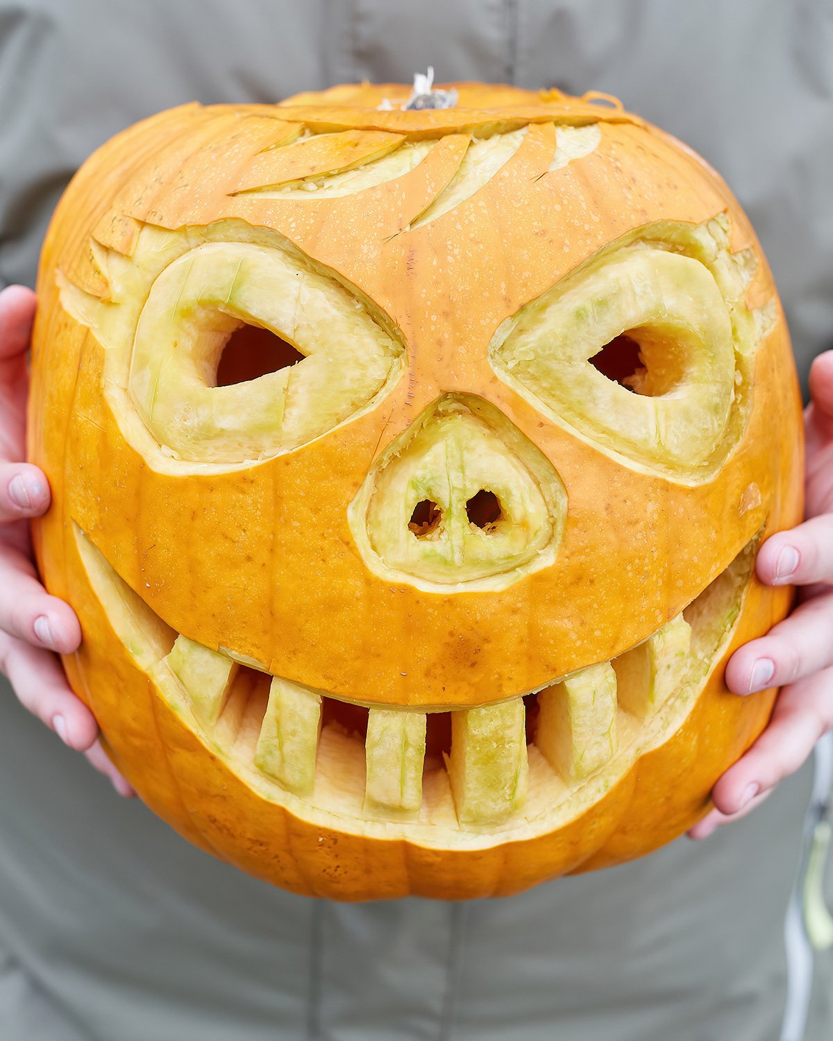 Hands holding a freshly carved jack-o'-lantern