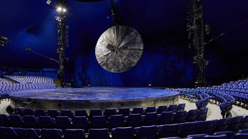 The stage and seating inside the Big Top